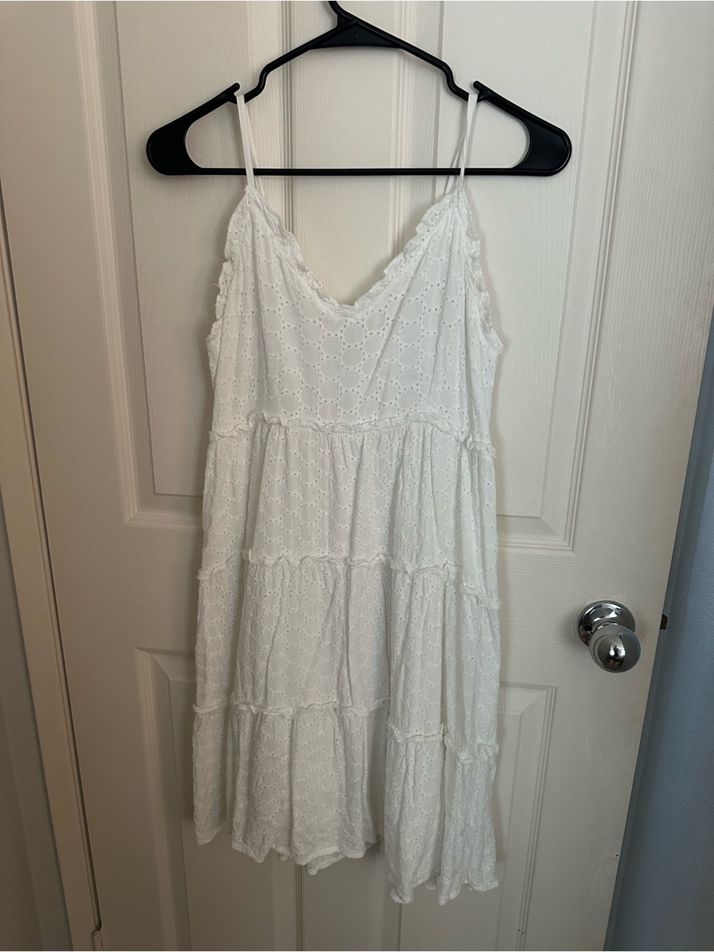 White Eyelet Tiered Spaghetti-Strap Dress